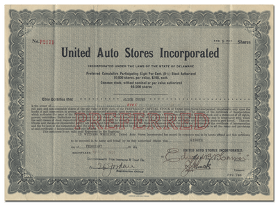 United Auto Stores Incorporated Stock Certificate