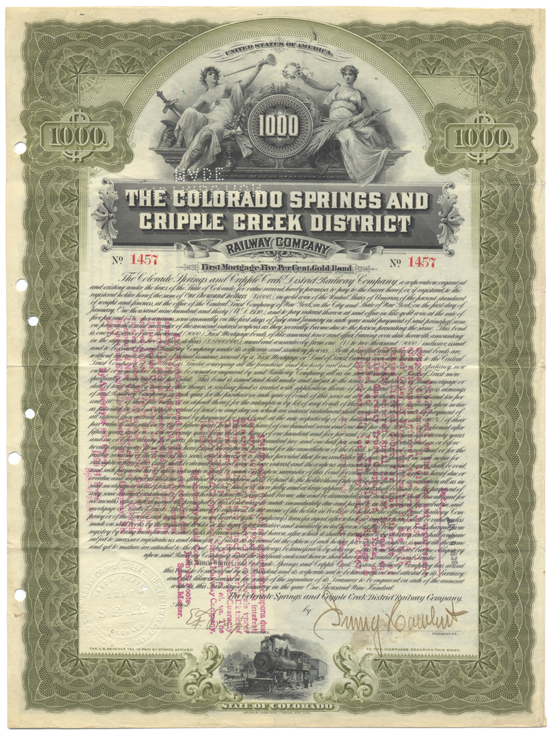 Colorado Springs and Cripple Creek Central Railway Company Bond Certificate