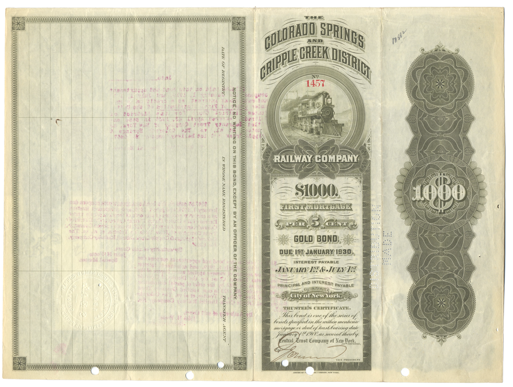 Colorado Springs and Cripple Creek Central Railway Company Bond Certificate