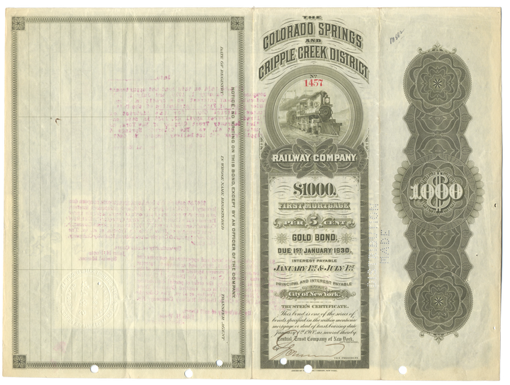 Colorado Springs and Cripple Creek Central Railway Company Bond Certificate