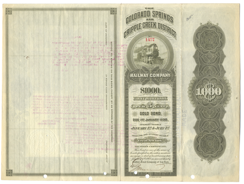Colorado Springs and Cripple Creek Central Railway Company Bond Certificate