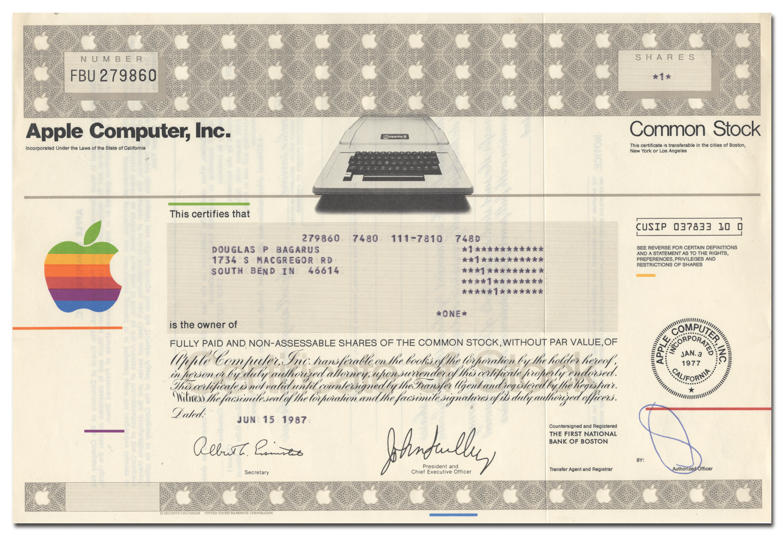 Apple Computer, Inc. Stock Certificate - Ghosts of Wall Street