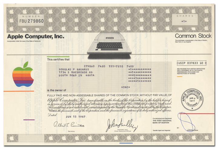 Apple Computer, Inc. Stock Certificate