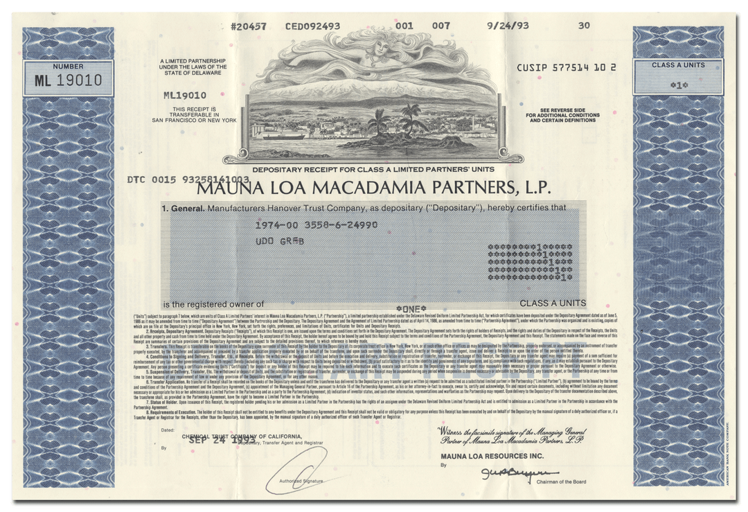 Mauna Loa Macadamia Partners L.P. Stock Certificate