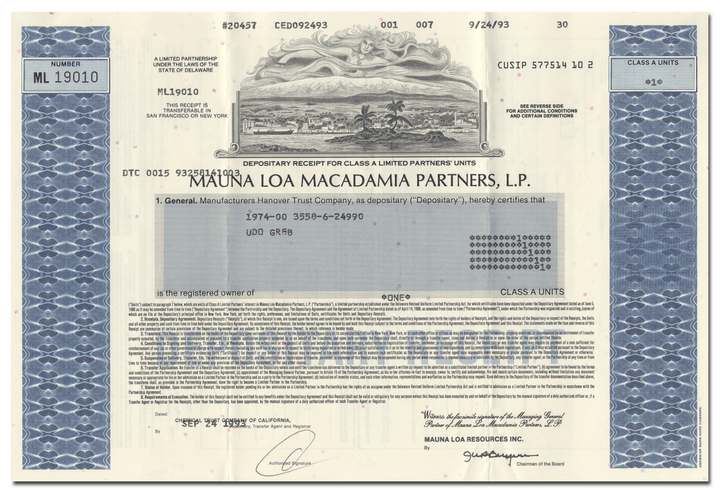 Mauna Loa Macadamia Partners L.P. Stock Certificate