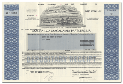 Mauna Loa Macadamia Partners L.P. Stock Certificate
