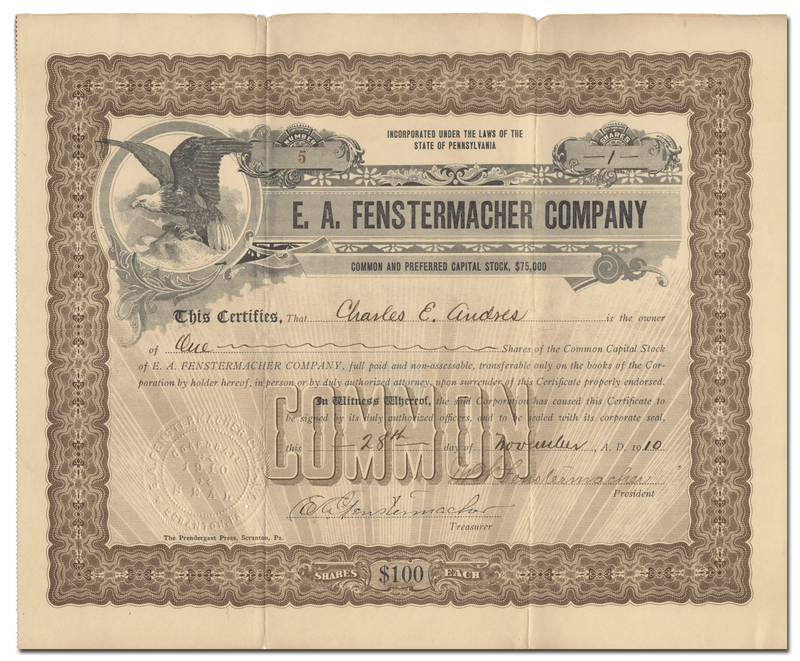 E. A. Fenstermacher Company Stock Certificate