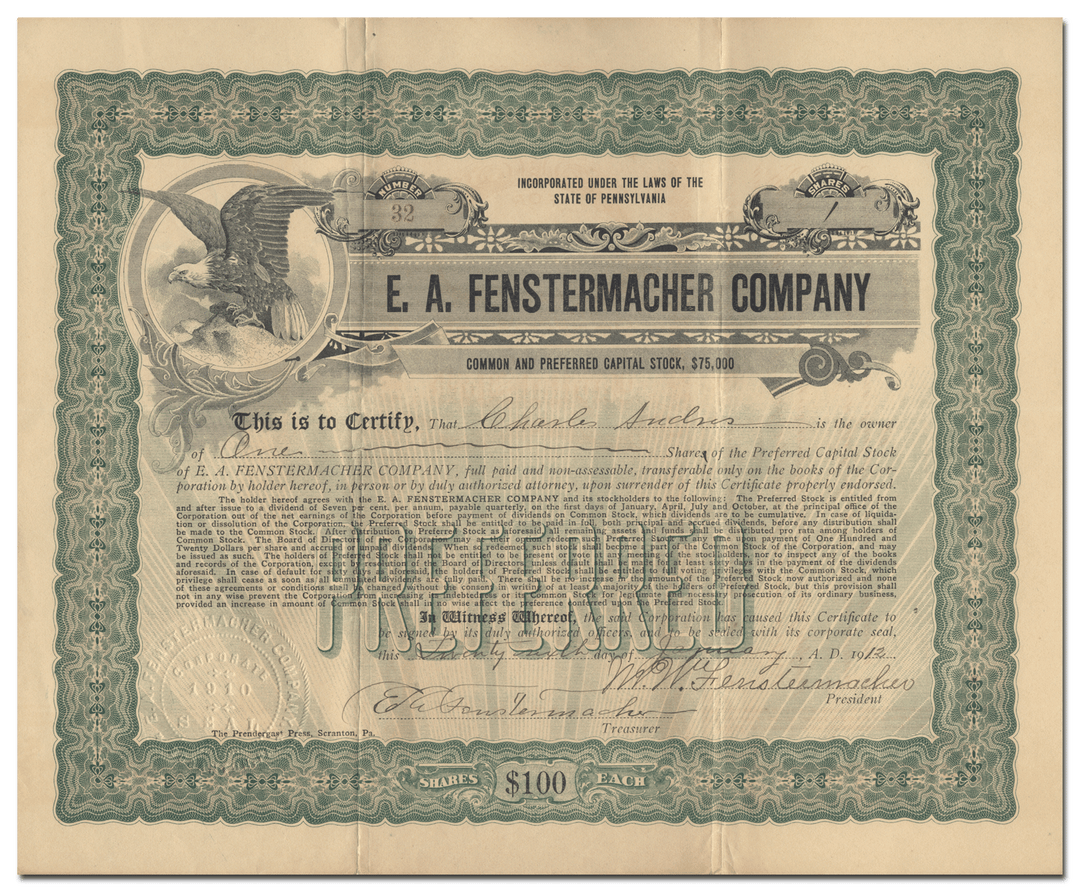 E. A. Fenstermacher Company Stock Certificate