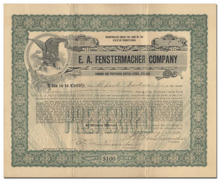 E. A. Fenstermacher Company Stock Certificate