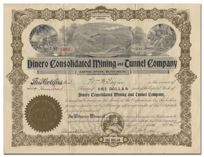 Dinero Consolidated Mining and Tunnel Company Stock Certificate