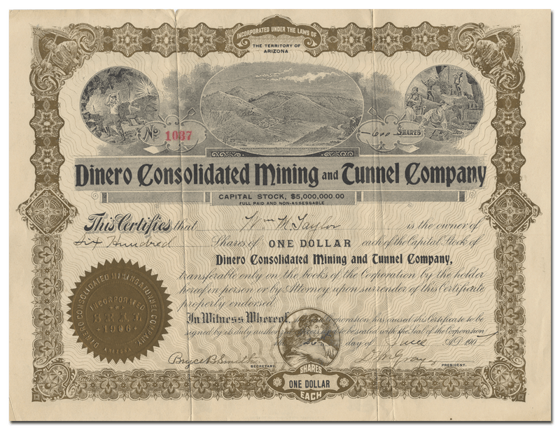 Dinero Consolidated Mining and Tunnel Company Stock Certificate