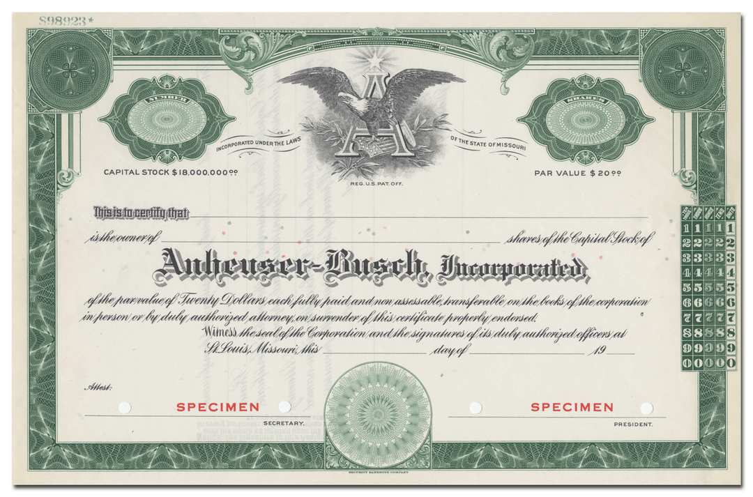 Anheuser-Busch, Incorporated Specimen Stock Certificate