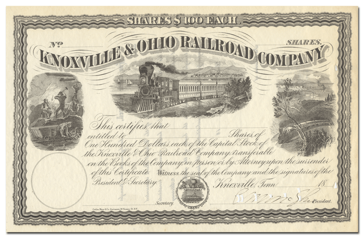 Knoxville & Ohio Railroad Company Stock Certificate