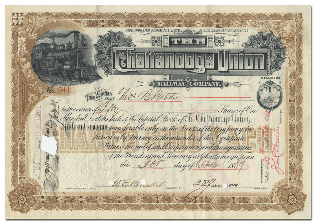 Chattanooga Union Railway Company Stock Certificate