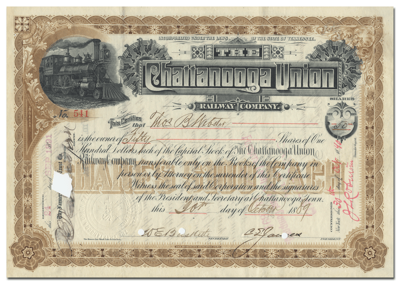 Chattanooga Union Railway Company Stock Certificate