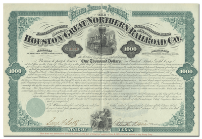 Houston and Great Northern Railroad Company Bond Certificate Signed by Galusha Grow