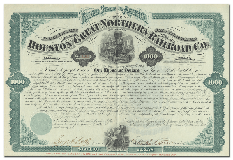 Houston and Great Northern Railroad Company Bond Certificate Signed by Galusha Grow