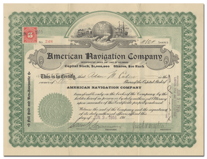 American Navigation Company Stock Certificate