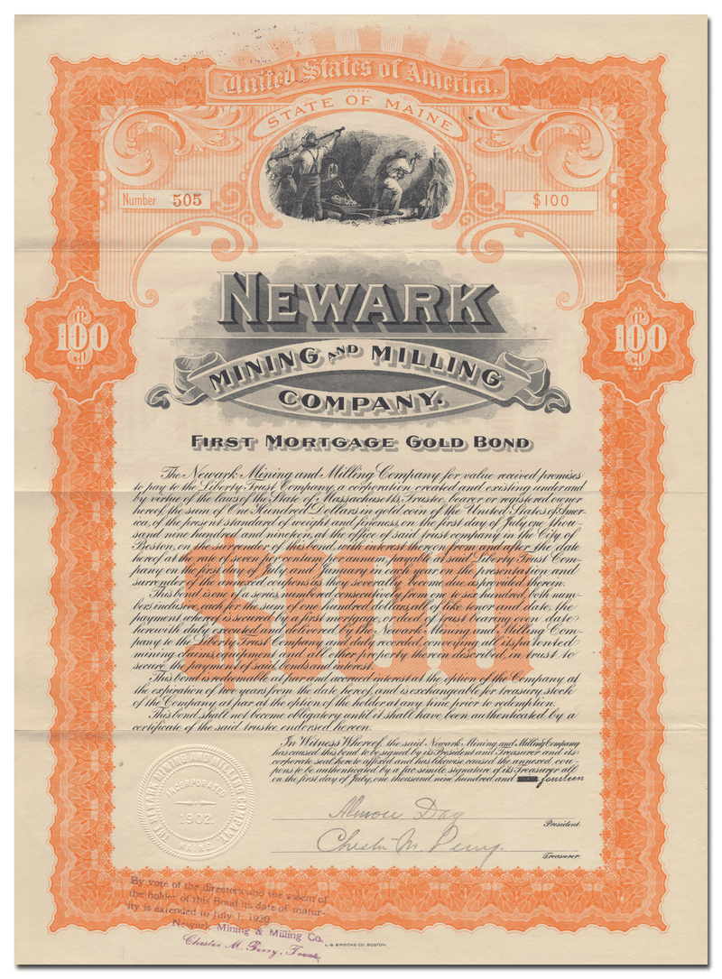 Newark Mining and Milling Company Bond Certificate