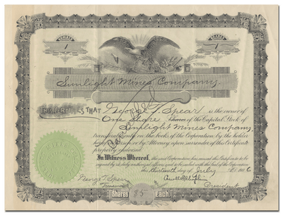 Sunlight Mines Company Stock Certificate (Certificate #1)