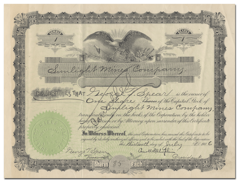Sunlight Mines Company Stock Certificate (Certificate 