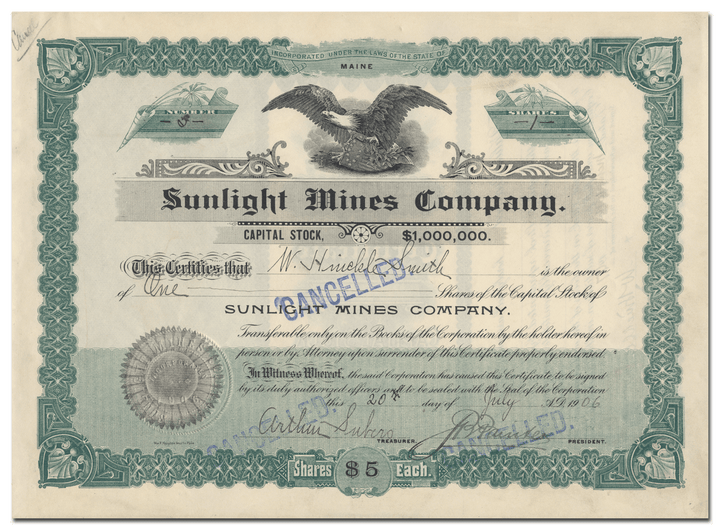 Sunlight Mines Company Stock Certificate