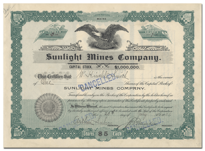Sunlight Mines Company Stock Certificate