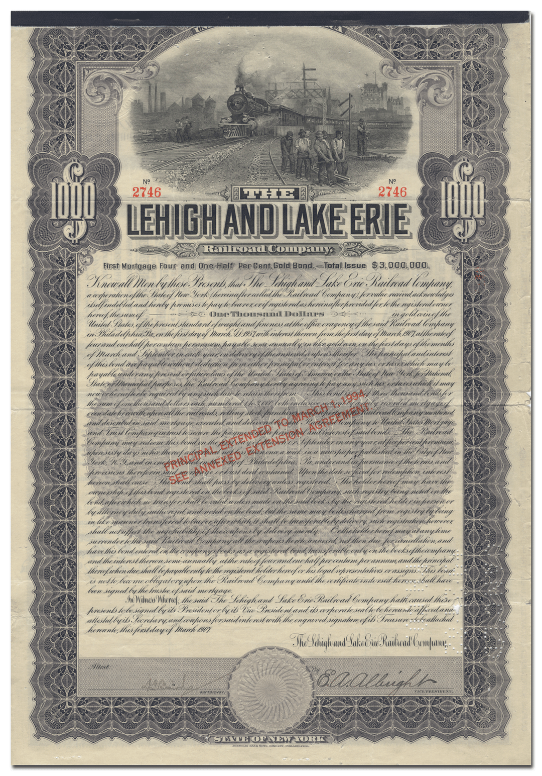 Lehigh and Lake Erie Railroad Company Bond Certificate