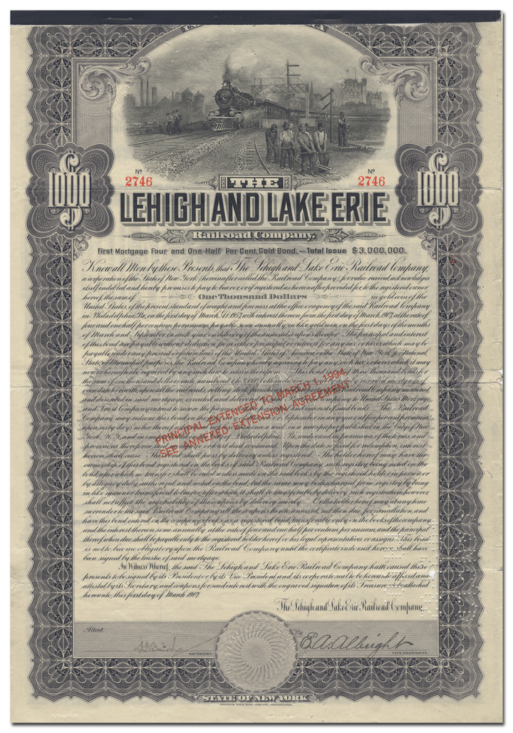 Lehigh and Lake Erie Railroad Company Bond Certificate