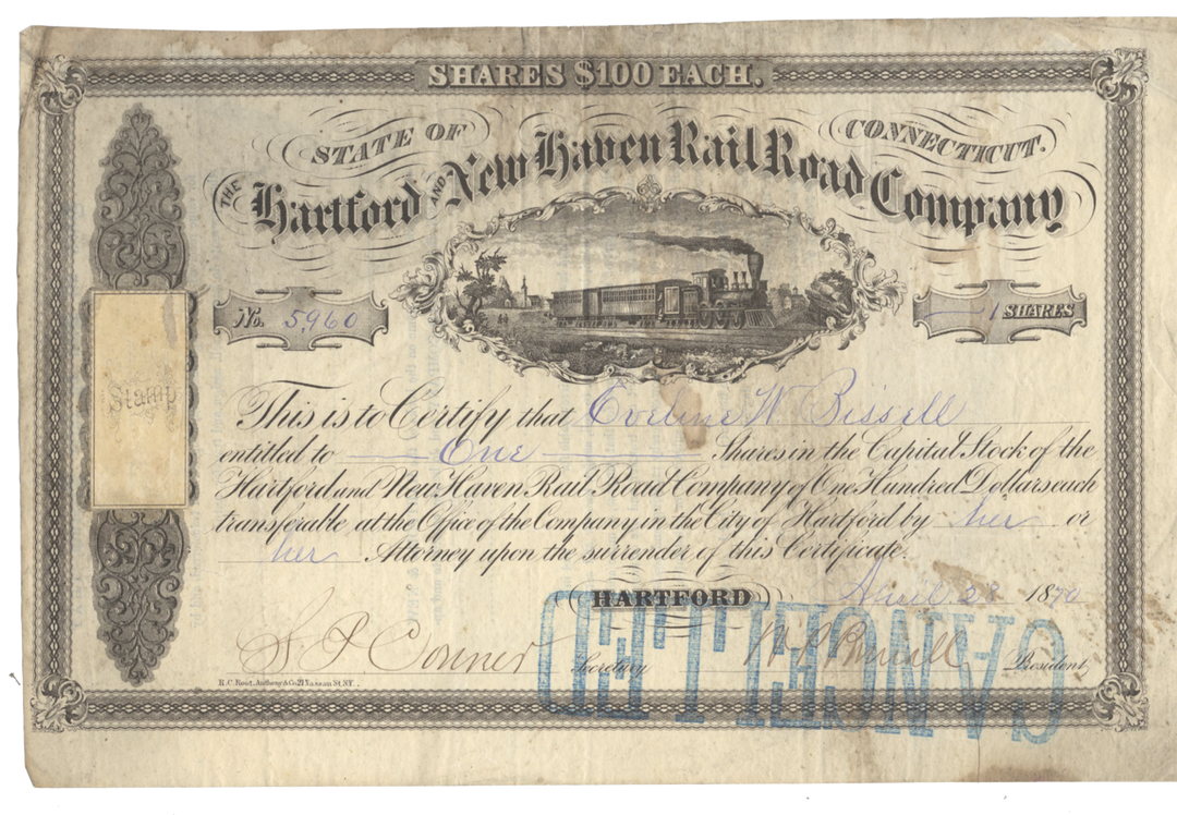 Hartford and New Haven Rail Road Company Stock Certificate