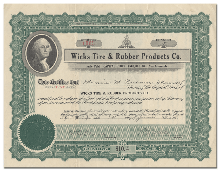 Wicks Tire & Rubber Products Co. Stock Certificate