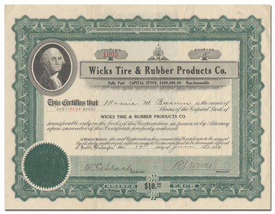 Wicks Tire & Rubber Products Co. Stock Certificate