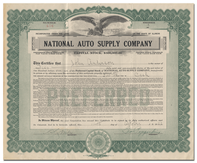 National Auto Supply Company Stock Certificate Signed by George Pepperdine