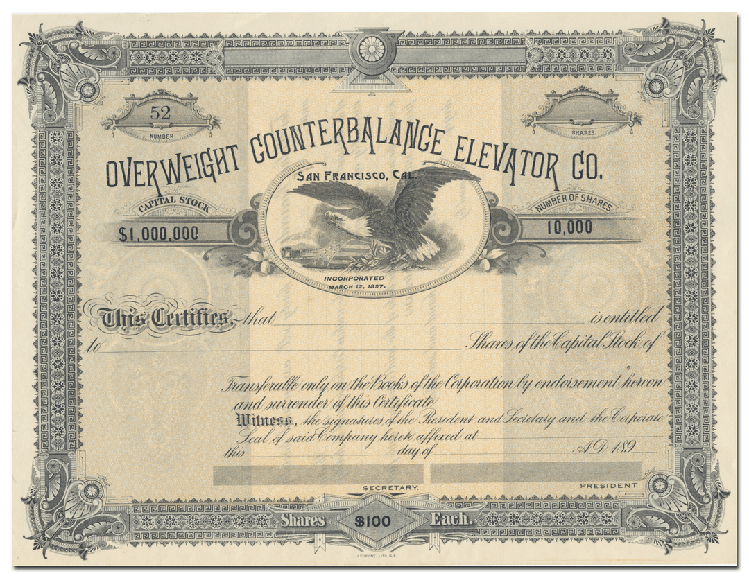 Overweight Counterbalance Elevator Co. Stock Certificate