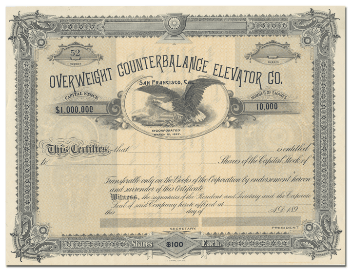 Overweight Counterbalance Elevator Co. Stock Certificate