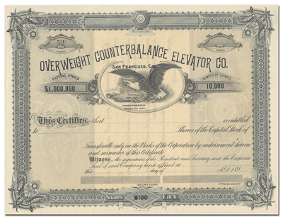 Overweight Counterbalance Elevator Co. Stock Certificate