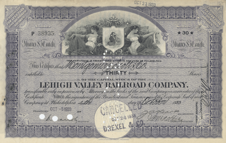 Lehigh Valley Railroad Company Stock Certificate