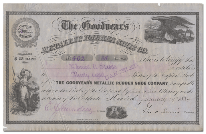 Goodyear's Metallic Rubber Shoe Company Stock Certificate