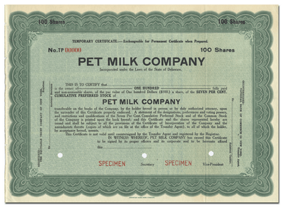 Pet Milk Company Specimen Stock Certificate