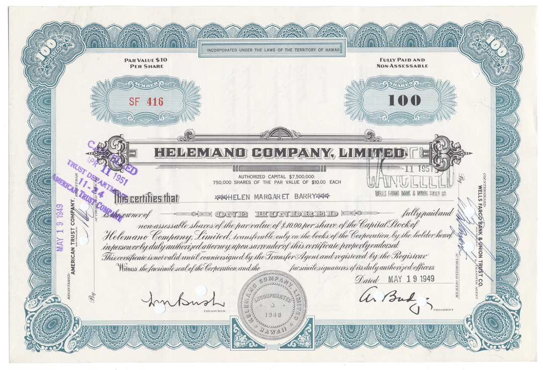 Helemano Company, LImited Stock Certificate