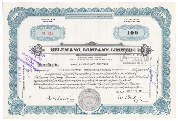 Helemano Company, LImited Stock Certificate