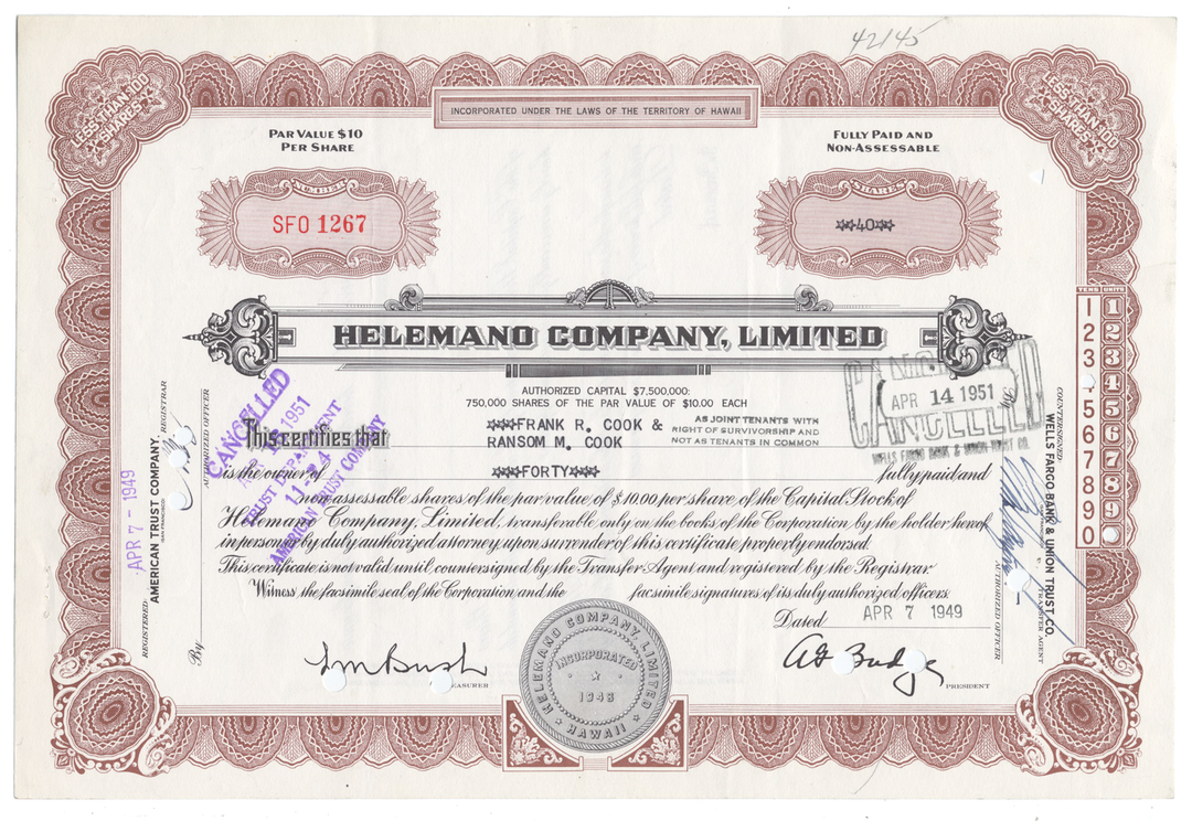 Helemano Company, LImited Stock Certificate