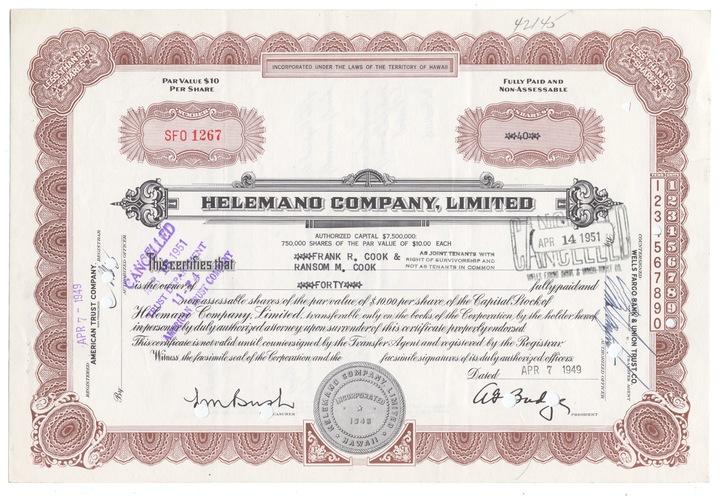 Helemano Company, LImited Stock Certificate