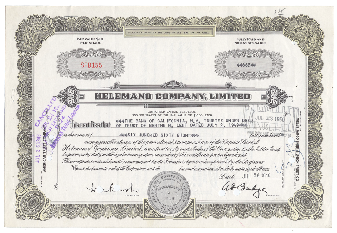 Helemano Company, LImited Stock Certificate