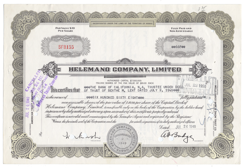 Helemano Company, LImited Stock Certificate
