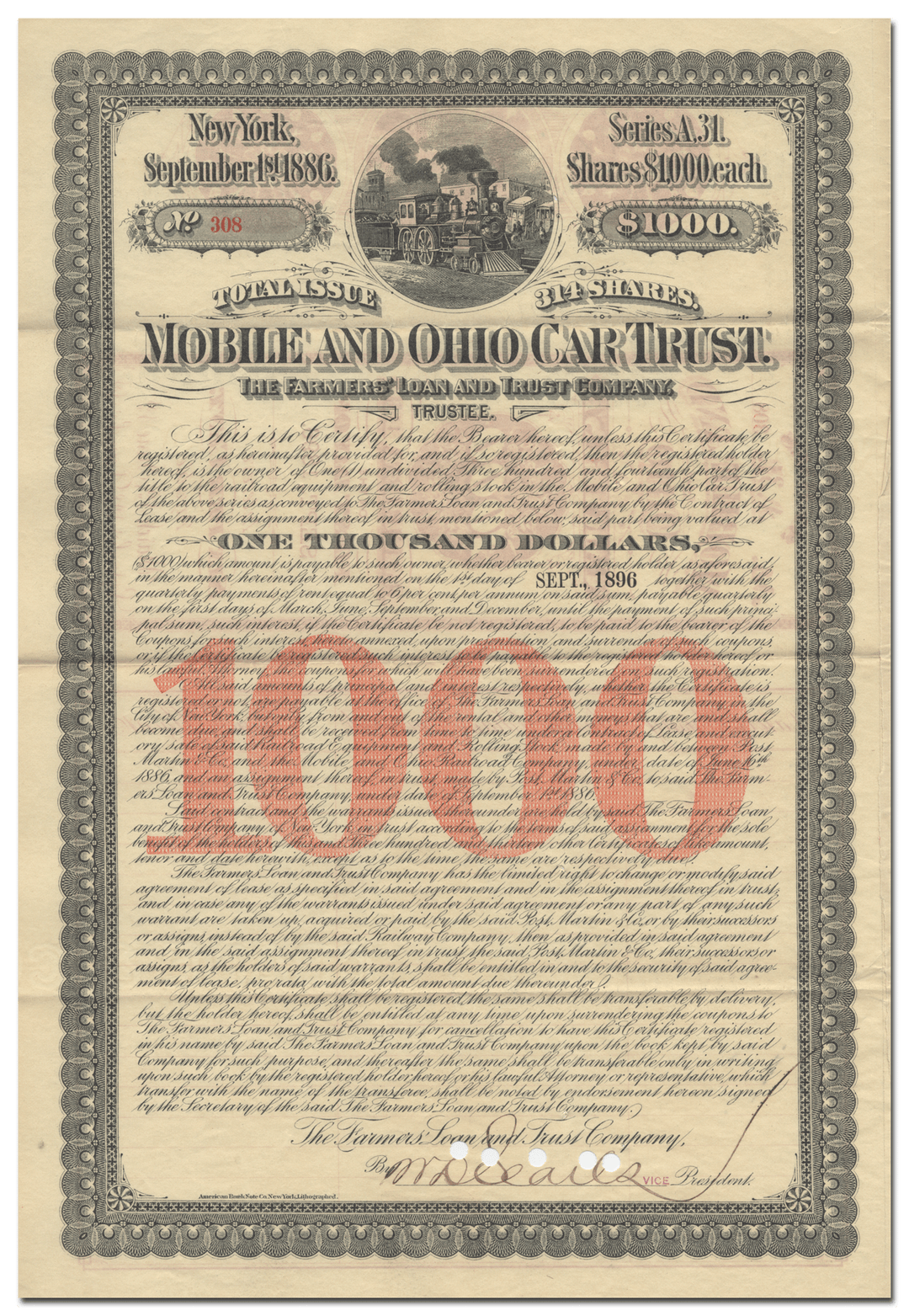 Mobile and Ohio Railroad Company Car Trust Certificate