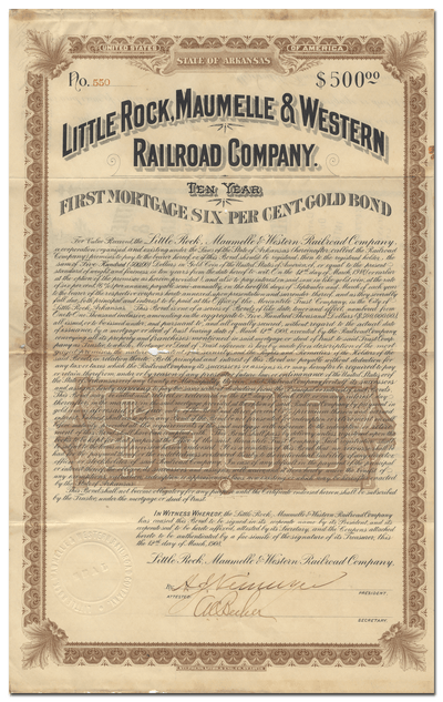 Little Rock, Maumelle & Western Railroad Company Bond Certificate