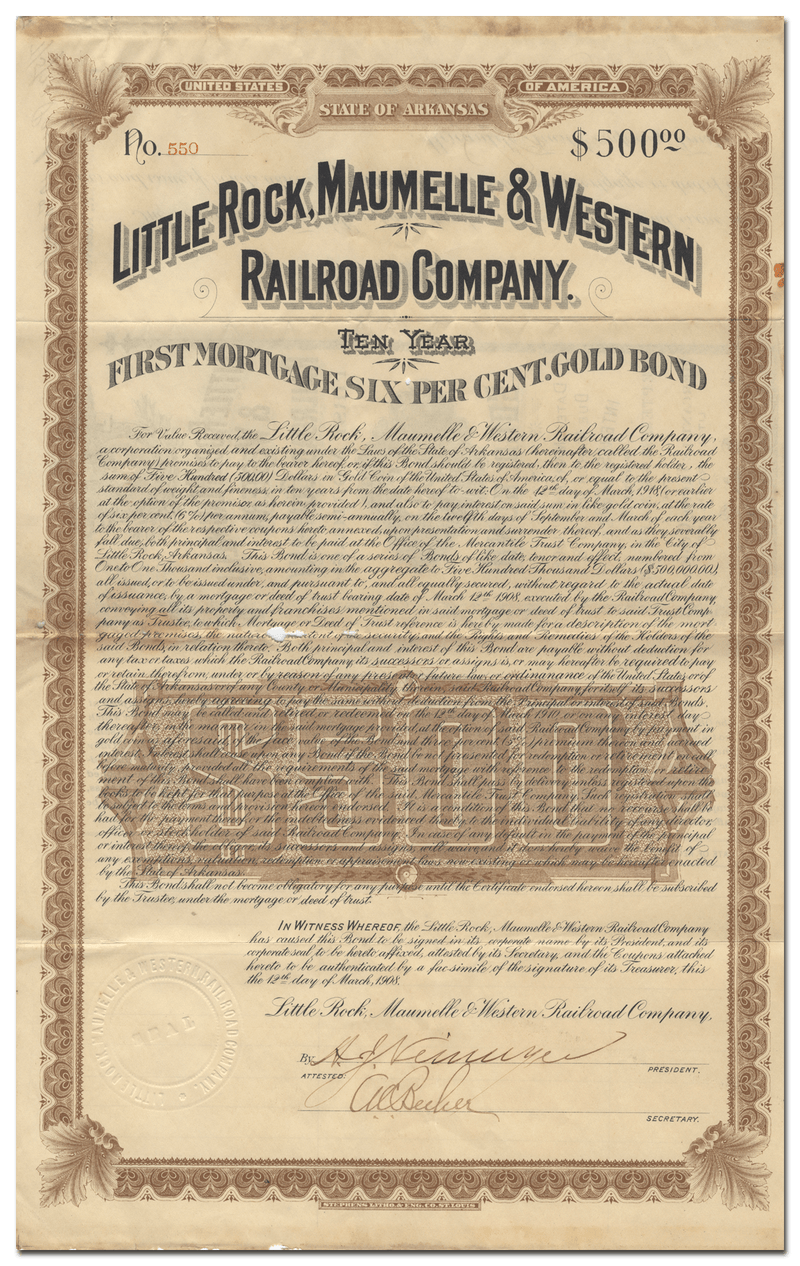 Little Rock, Maumelle & Western Railroad Company Bond Certificate