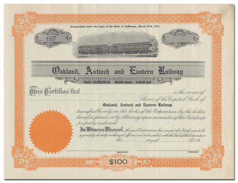 Oakland, Antioch and Eastern Railway Stock Certificate
