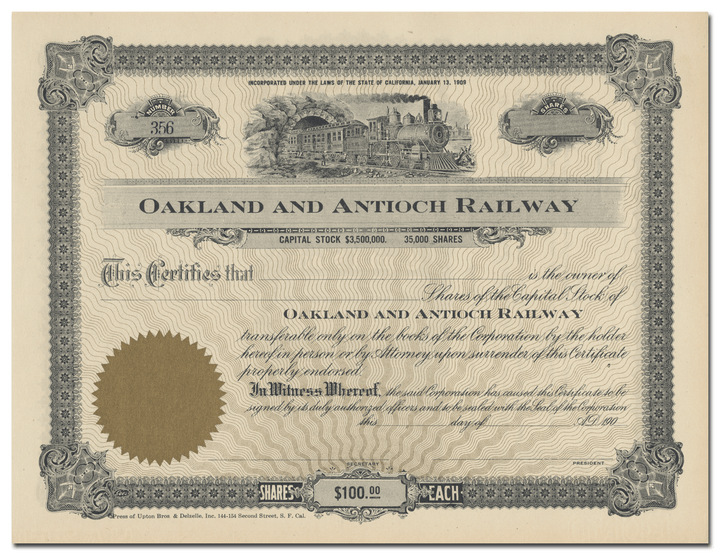 Oakland and Antioch Railway Stock Certificate